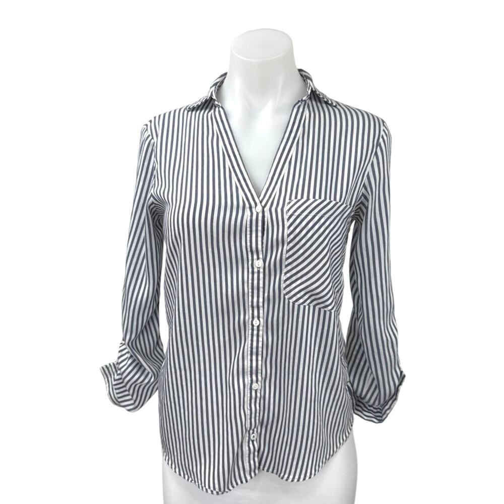 Zara Basic Gray White Striped Pockets Long Sleeve Button Down Shirt Top Size XS
